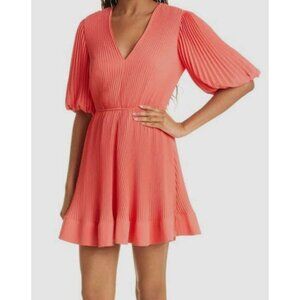 $395 Milly Elle Hug Hot Coral Short Sleeve Pleated Mini Dress Size 8 NWT